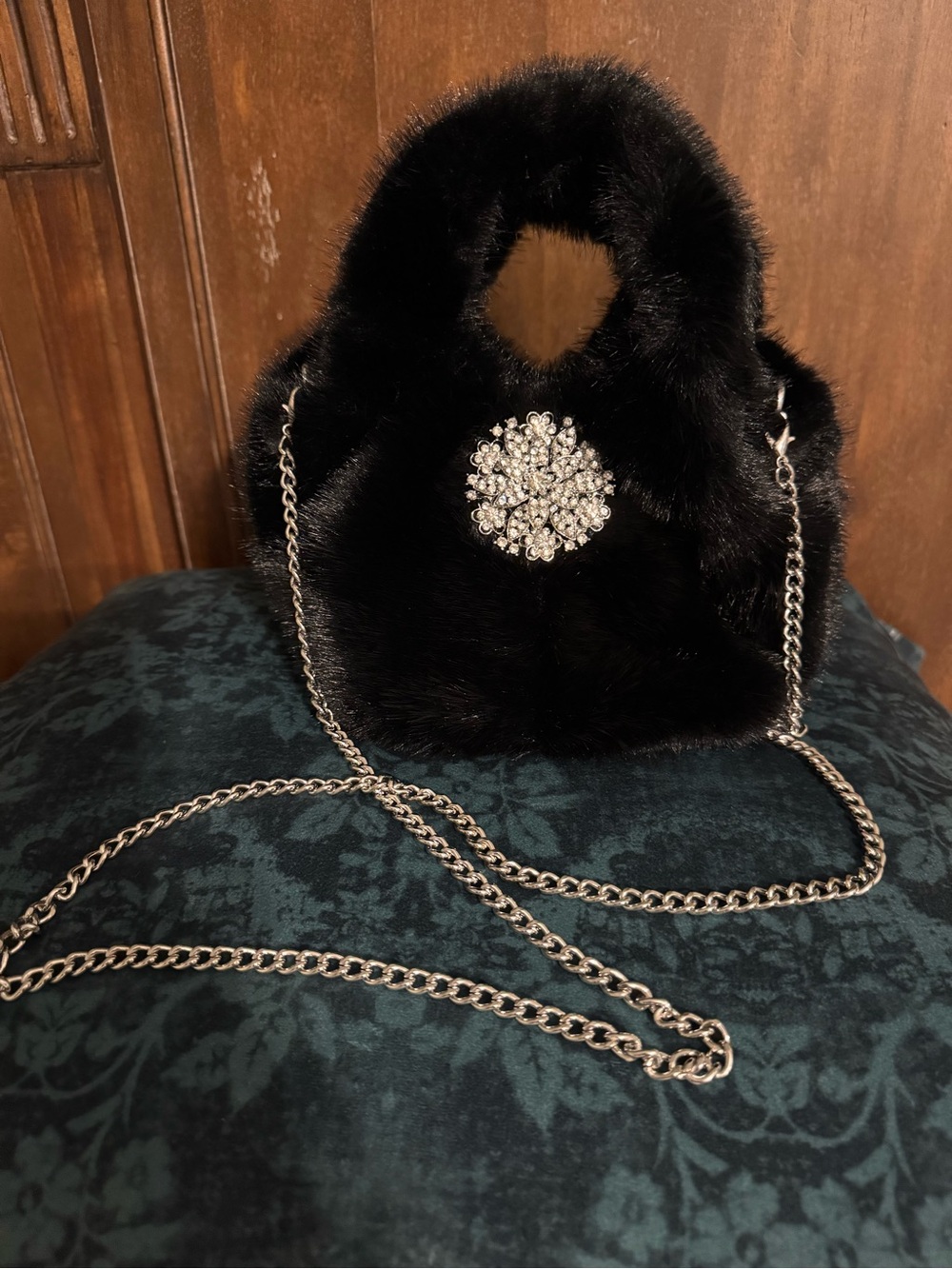 Black Faux Fur Evening Bag with Crystal Brooch